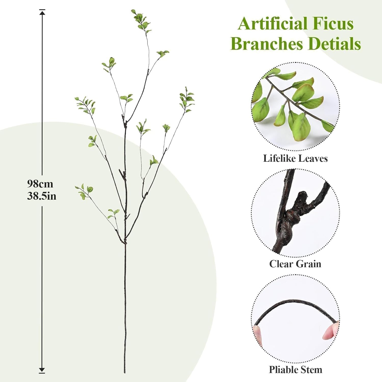 Sherika 4Pcs 38.5" Artificial Ficus Branches Faux Greenery Stems for Vase, Fake Eucalyputs Green Plants, Realistic Flexible Twigs for Floor Vases Fillers, Wedding, Office Home Decor, Tall Centrepiece - Image 3