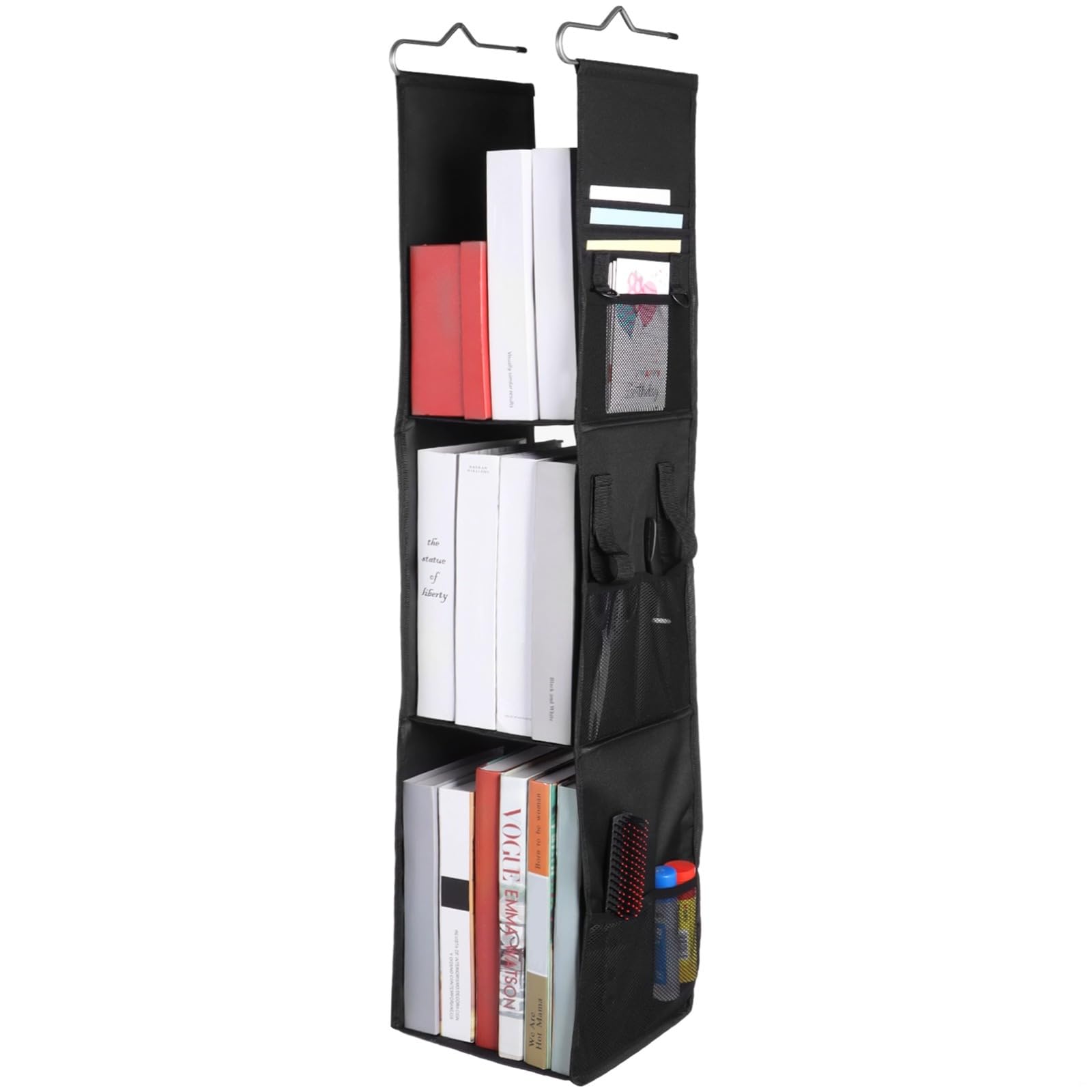 Hängender Schrank-Organizer mit 3 Regalen, 97 cm Höhe, schwarzer Oxford-Stoff, platzsparende Aufbewahrung mit Seitentaschen für Kleidung, Bücher, Spielzeug