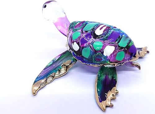 Miniatura 7 de Figuras en miniatura de tortuga, mar, animales, vidrio soplado a mano, regalo coleccionable para decorar el hogar (4 pulgadas, verde y morado)