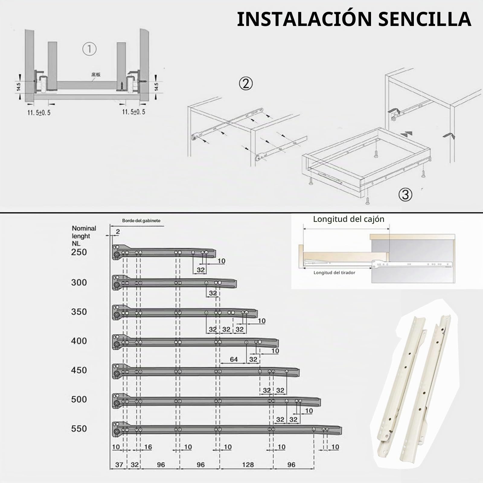 Rieles Para Cajones De Cocina 1 Par Guías Para Cajones De Madera, Capacidad Carga De 45 Kg, Correderas De Rodillos Para Cajones 250 300 400 550mm, Carriles Telescópica Silenciosa