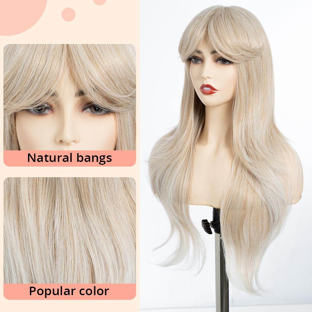 DÉBUT Long White Wig With Fringe for Women Heat Resistant Synthetic Layered Hair Wigs With Highlights for Daily Party Cosplay Use(26 inches - Image 3