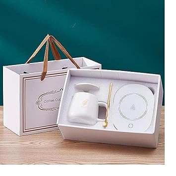 SHOPPERS HUB Ceramic Coffee Mug with Warmer Plate and Spoon, 55 Degree Warm Coffee Cup and Serving Plate