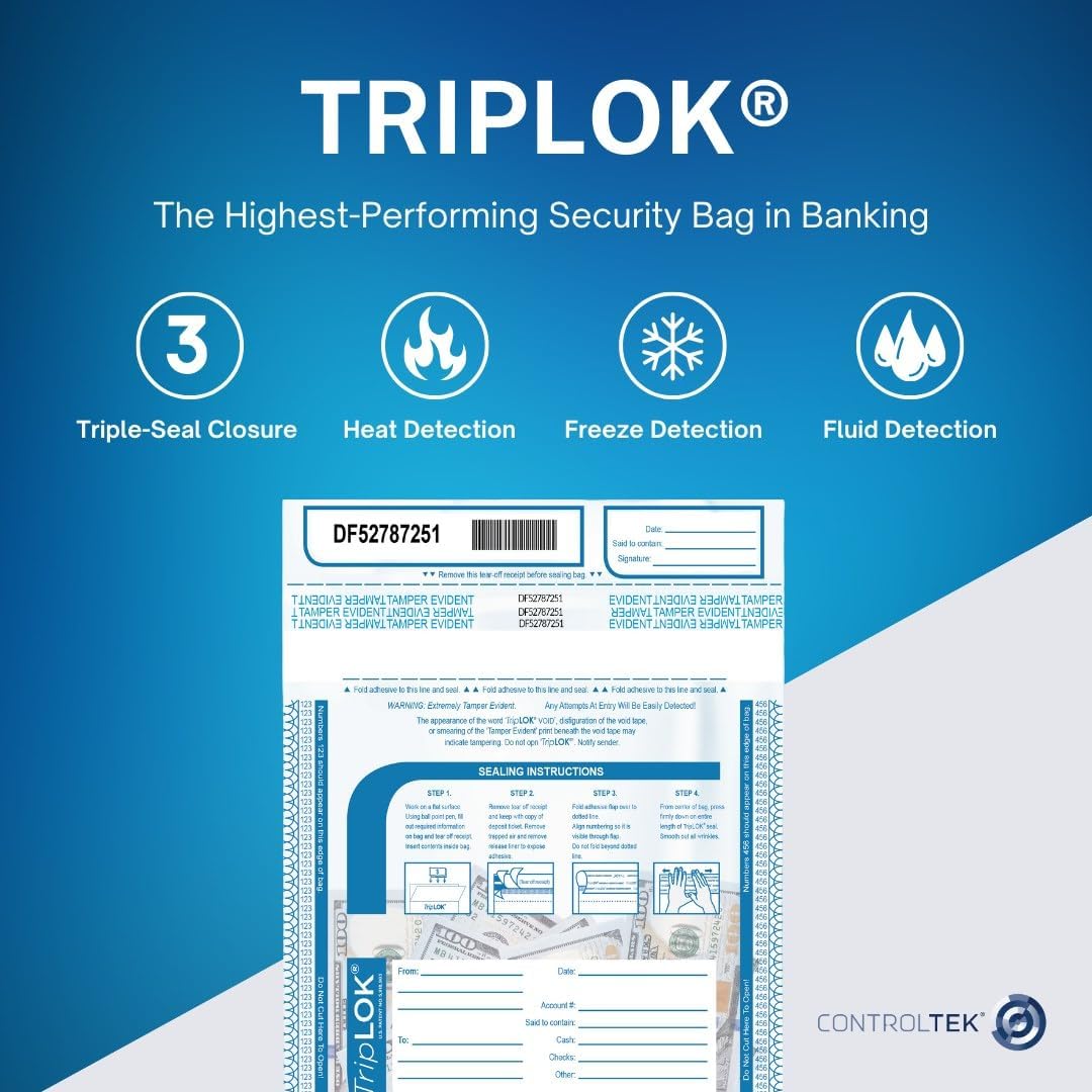 ControlTek TripLok 15" x 20", Clear, 50 Bags Tamper-Evident Deposit Bags for Cash Handling & Valuables, Moisture, Heat and Cold Sensitive Ink, Tear-Off Receipt + Large Barcodes 585048 - Image 2