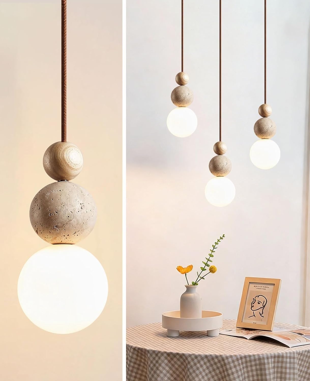 Wabi-Sabi-Pendelleuchte,Hängelampe Aus Gelbem Travertin Mit Lampenschirm Aus Naturstein,Hängeleuchte Im Nordischen Holzstil Für Schlafzimmer-Nachttischlampe Esstisch Kücheninsel Flur(T/12*27CM)
