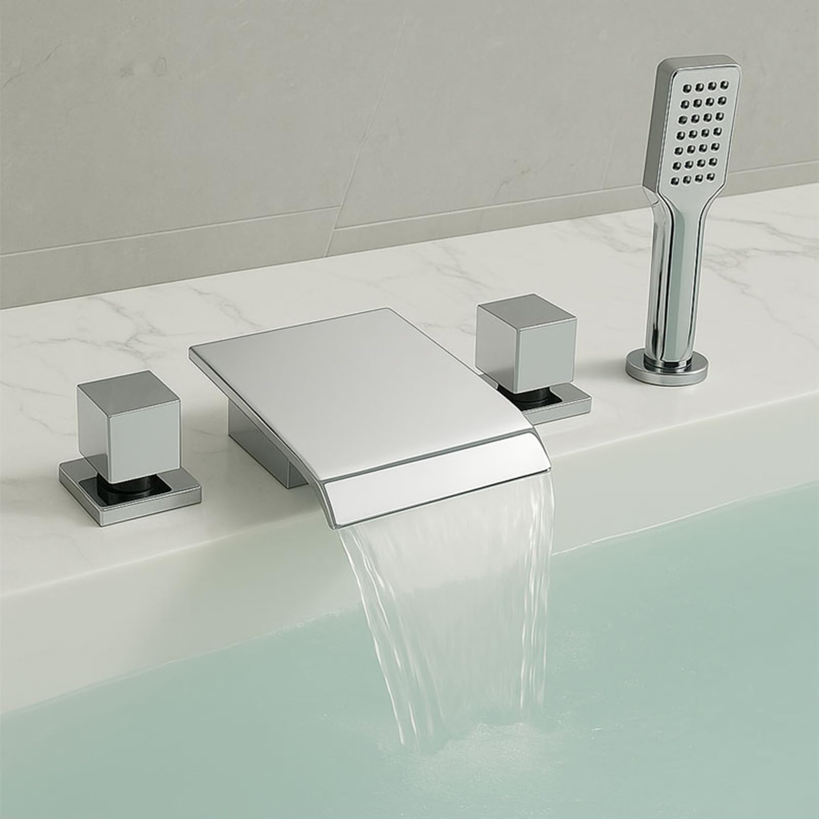 Baignoire en cascade mitigeur 4 trous avec douchette et robinet chromé LWX