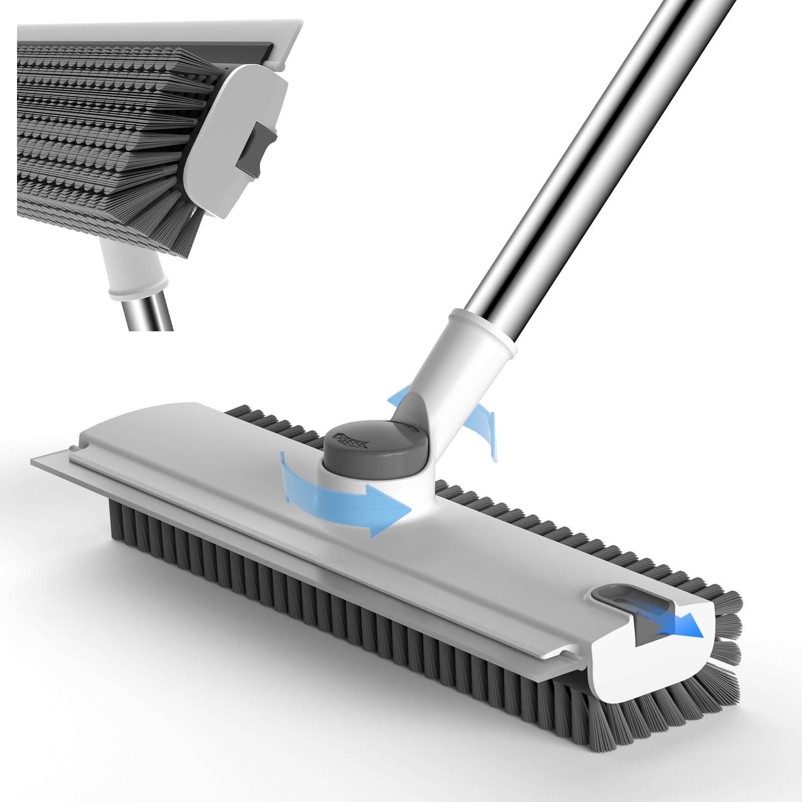 Pool Scrub Brush with 52" Pole, 3 in 1 Pool Cleaning Brush with Squeegee, Floor Scrub Brush with Long Handle, Deck Brush for Swimming Pool Tile Wall Patio Concrete White