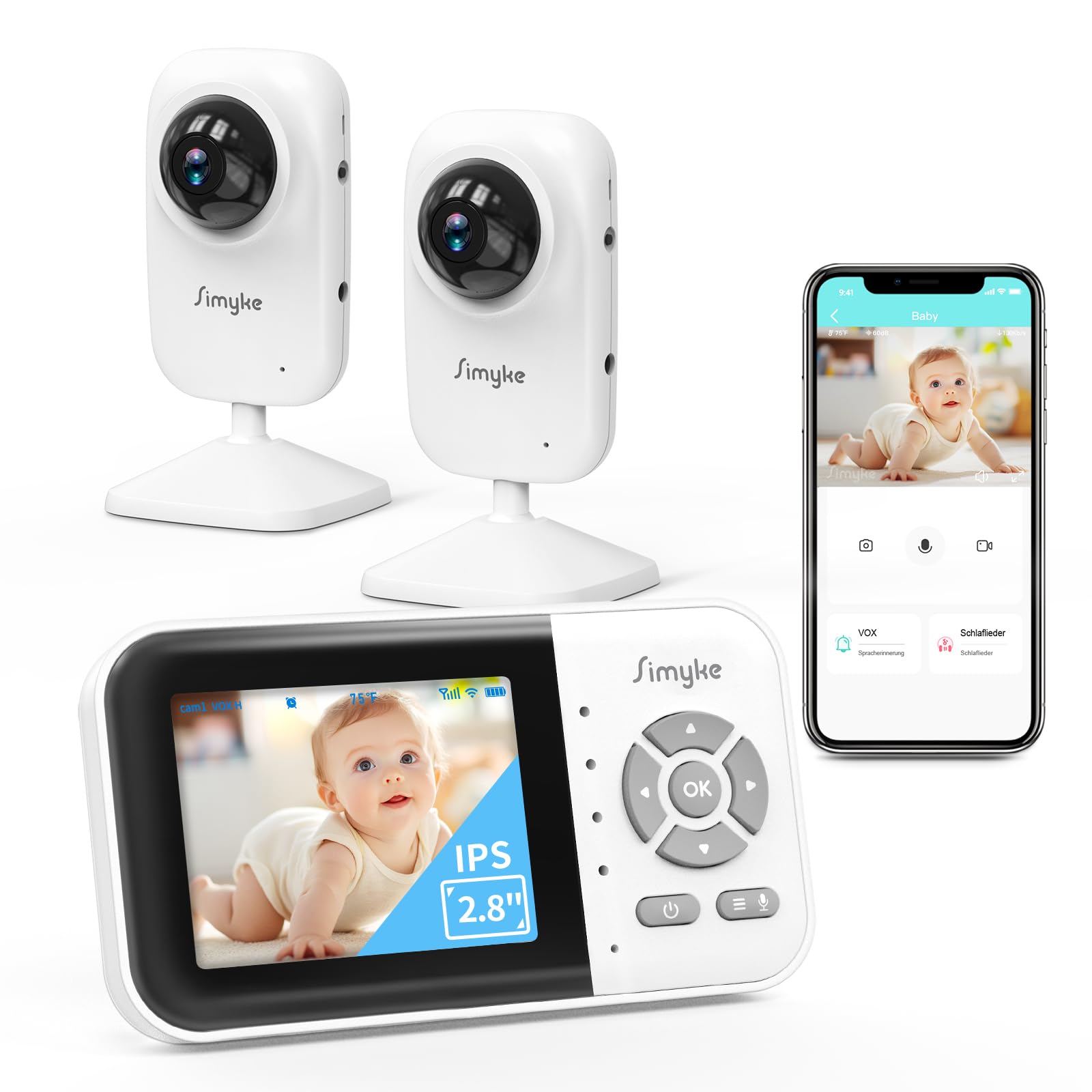 Simyke 2Cameras Video Baby Monitor,Two Mode,2.8'' IPS Display Screen,Night Vision,2-Way Talk,1200ft Long Range,VOX,Lullaby,Free Smart Phone App, Works