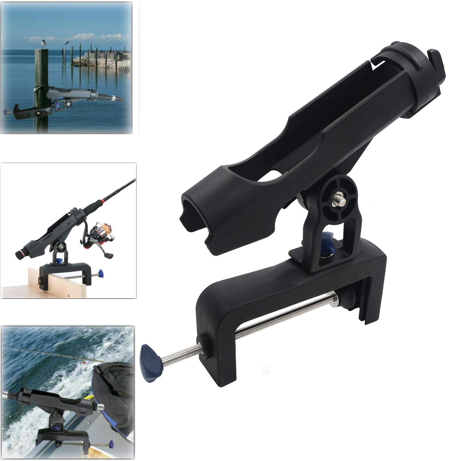 HTTMT- 360 Degree Rotating Adjustable Angle Direction Raft Boat Kayak Fishing Rod Pole Stand Bracket Mount Holder Rest Rack [P/N: ET-FISHING-RH30-BK]