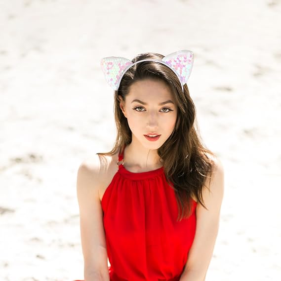 3PCS Reversible Glitter Cat Headbands Cute Cat Ears Headband Sequin Hair Hoop Mini Bling Cat Ears Hairband Assorted Colors Hair Accessories for Women Daily Wearing Holiday Party Decoration