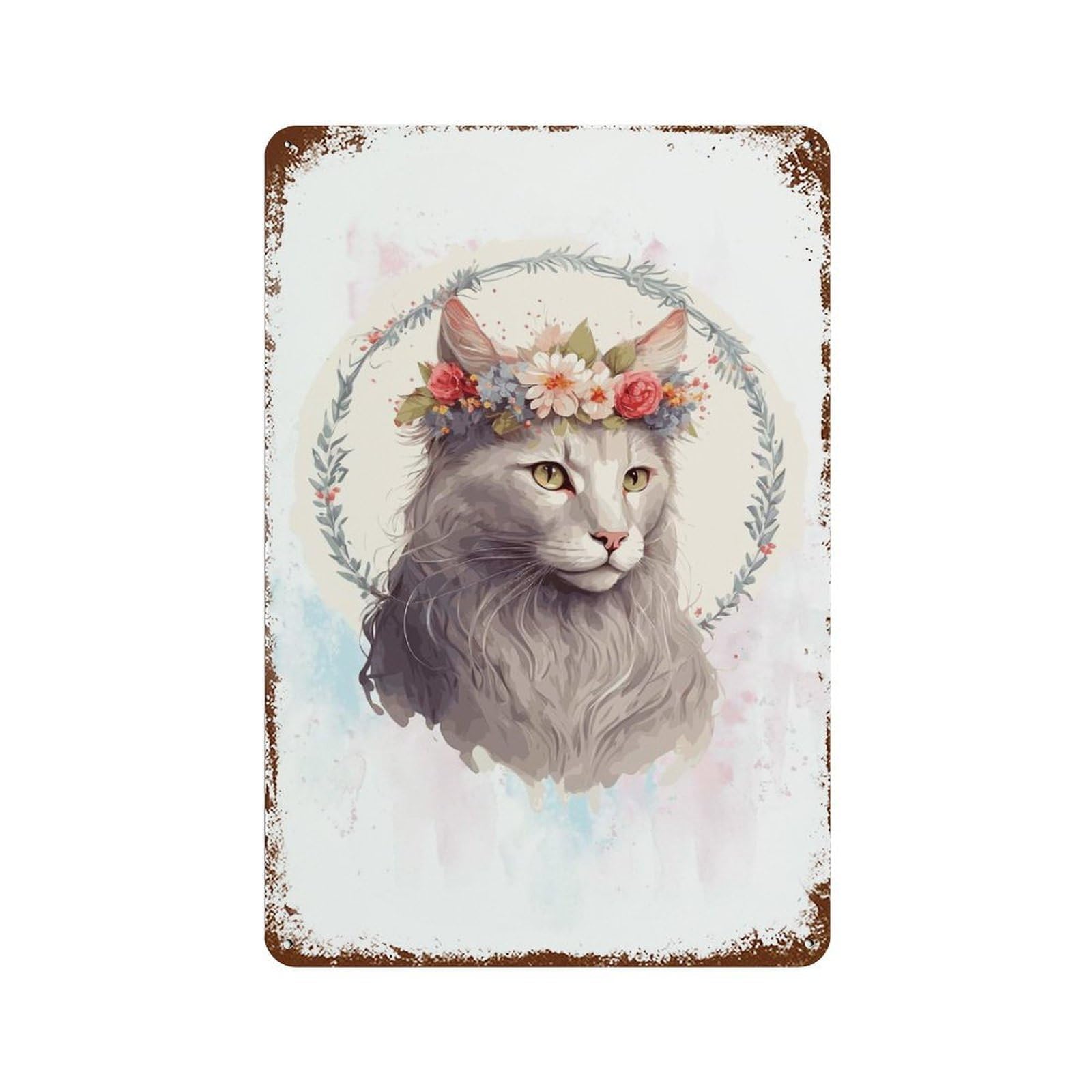 Vintage Rust Metal Sign with Floral Turkish Angora Cat Design 11.8"x7.9", for Office, Studio And Wall Decor, Farmhouse Wall Decor