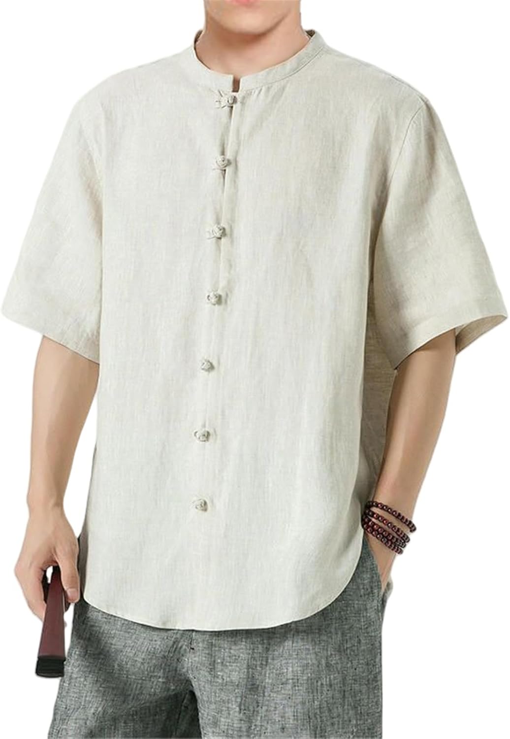Men's Summer Chinese Style Tang Suit Linen Frog Button Short Sleeve Shirt