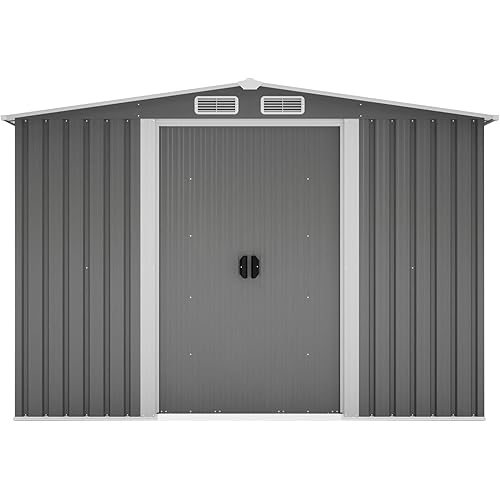 8x10 FT Outdoor Storage Shed, Metal Steel Utility Tool Shed Storage House with Double Lockable Doors & Air Vent for Backyard Garden Patio Lawn Gray