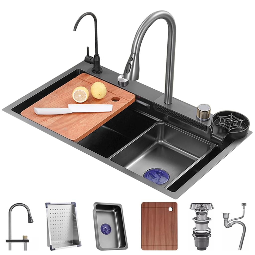 ZQFHSX Waterfall Sink Household Single Bowl Kitchen Set Nano-Coated Workstation With Pull-Out Faucet And Cup Washer Pressurized (Color : A, Size 75x45x22cm)