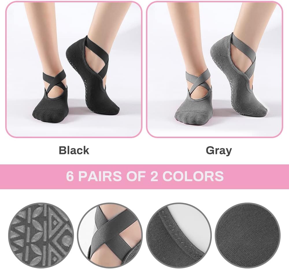 Luckit 6 Pairs Pilates Socks for Women, Non-Slip Yoga Socks with Grips & Straps for Barre, Ballet, Dance, Hospital, Barefoot - Image 2
