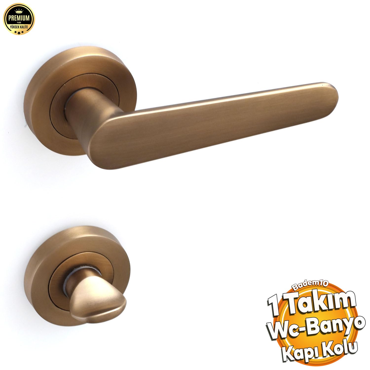 Badem10 Kayı Antik Sarı Wc-Banyo Kapı Kolu Daire Rozetli Sürgülü Çelik Kapı Kulpu Gold Kolları