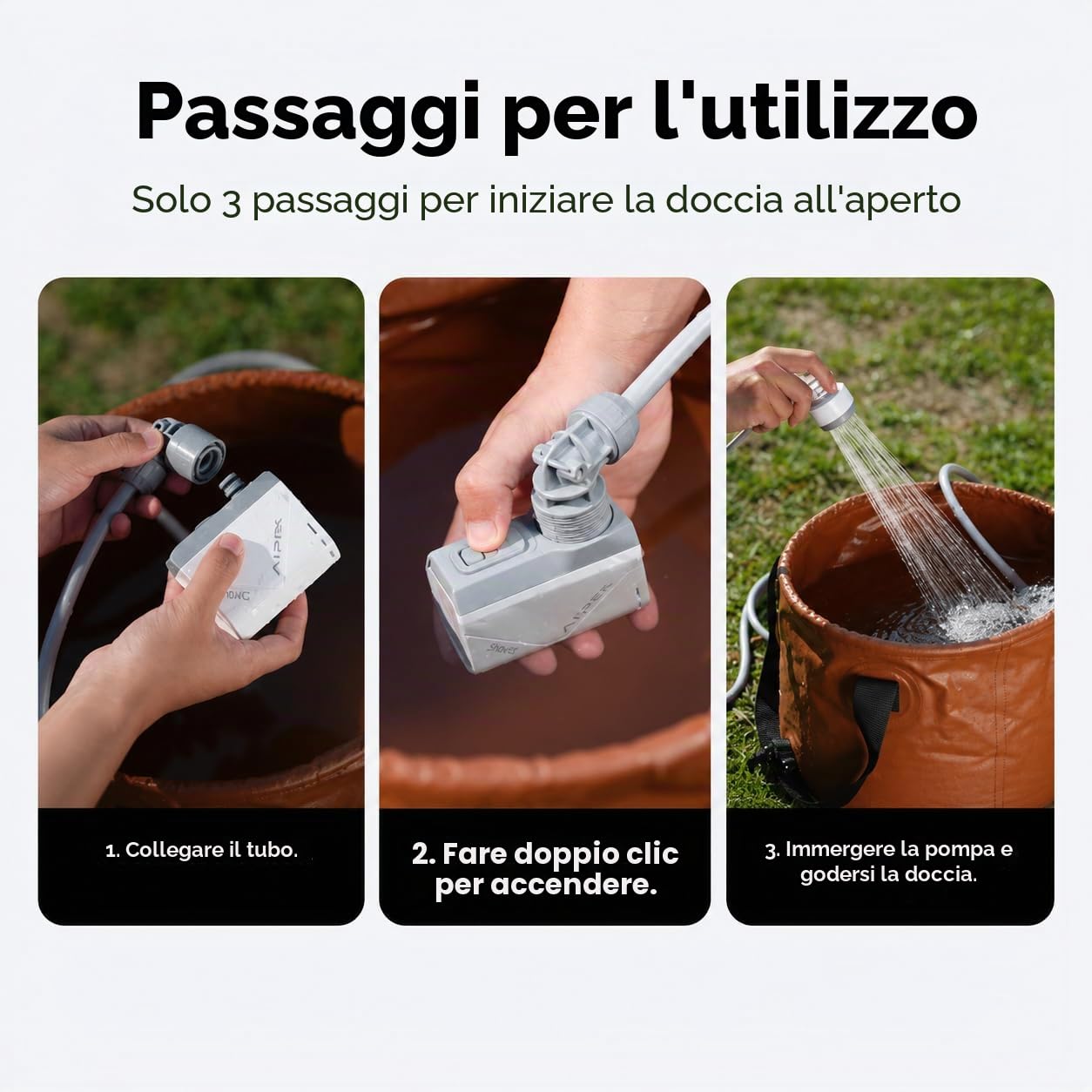 FLEXTAILGEAR Doccia portatile da campeggio con pompa, tubo 2,2 m, ricarica USB-C e modalità flusso a risparmio d'acqua, per giardino, viaggi, spiaggia e animali domestici