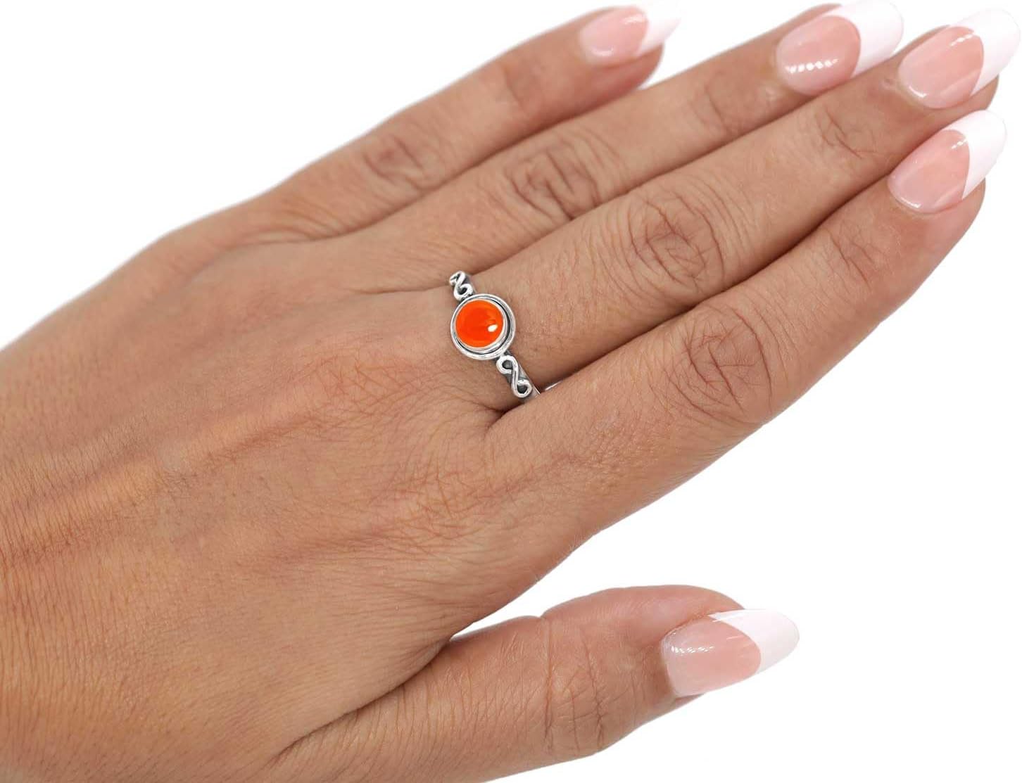 Genuine 925 Sterling Silver Handmade Jewelry Round Onyx, Carnelian, Amber, Garnet Natural Gemstone Boho Adjustable Ring For Women