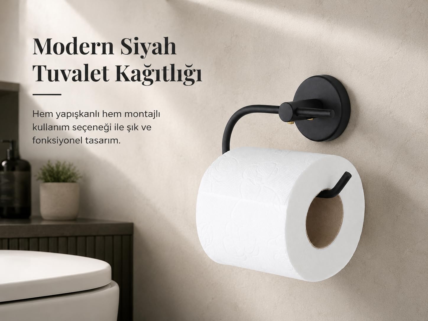 Lotus Siyah Açık Tuvalet Kağıtlığı, Yapışkanlı ve Vidalı Montajlı Tuvalet Kağıdı Askısı, Mat Siyah Statik Boyama, 35 mm Oval Bantlı Banyo Aksesuarı