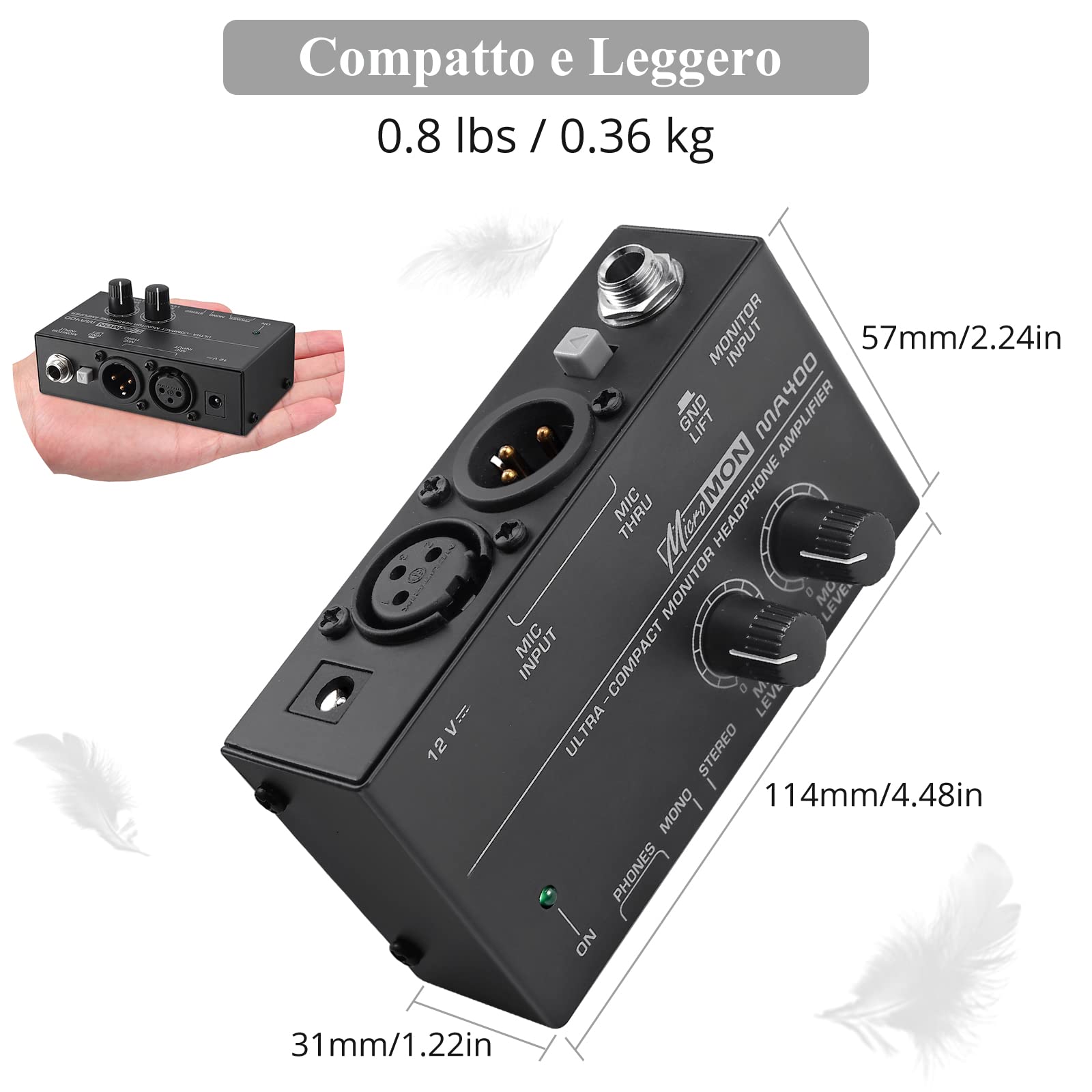 LiNKFOR MA400 Amplificatore per Cuffie con Controllo Volume Amplificatore per Cuffie Ultracompatto per Microfono XLR con 12V Potenza Omologata Preamplificatore per Cuffie per Applicazioni in Studio