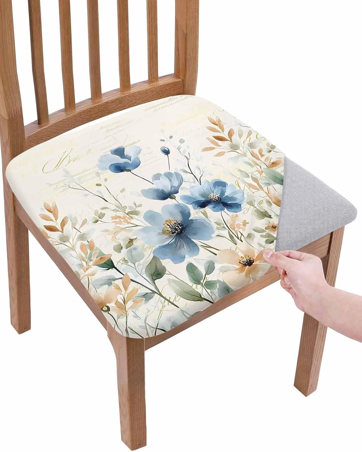 Blue Spring Floral Seat Covers for Dining Room Chair Set of 2, Summer Botanical Stretch Cushion Cover Washable Kitchen Chair Covers, Vintage Flowers Removable Chair Slipcovers Protector