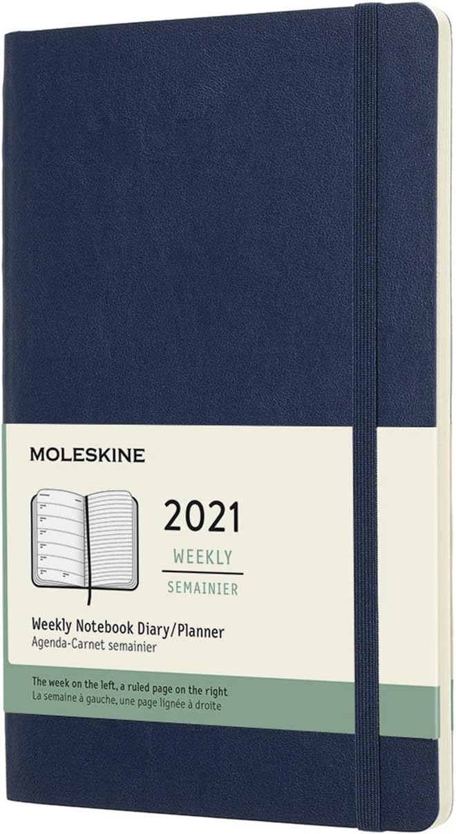 Moleskine Weekly Planner 2021, 12-Month Weekly Diary, Weekly Planner and Notebook, Soft Cover, Large Size 13 x 21 cm, Colour Sapphire Blue, 144 Pages