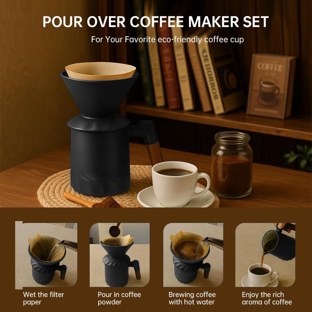 Pour Over Coffee Maker Set, Ceramic Pour Over Coffee Dripper 15.5oz/450 ml with 25 Pcs V60 Paper Filter, Coffee Pour Over Set for Camping, Black