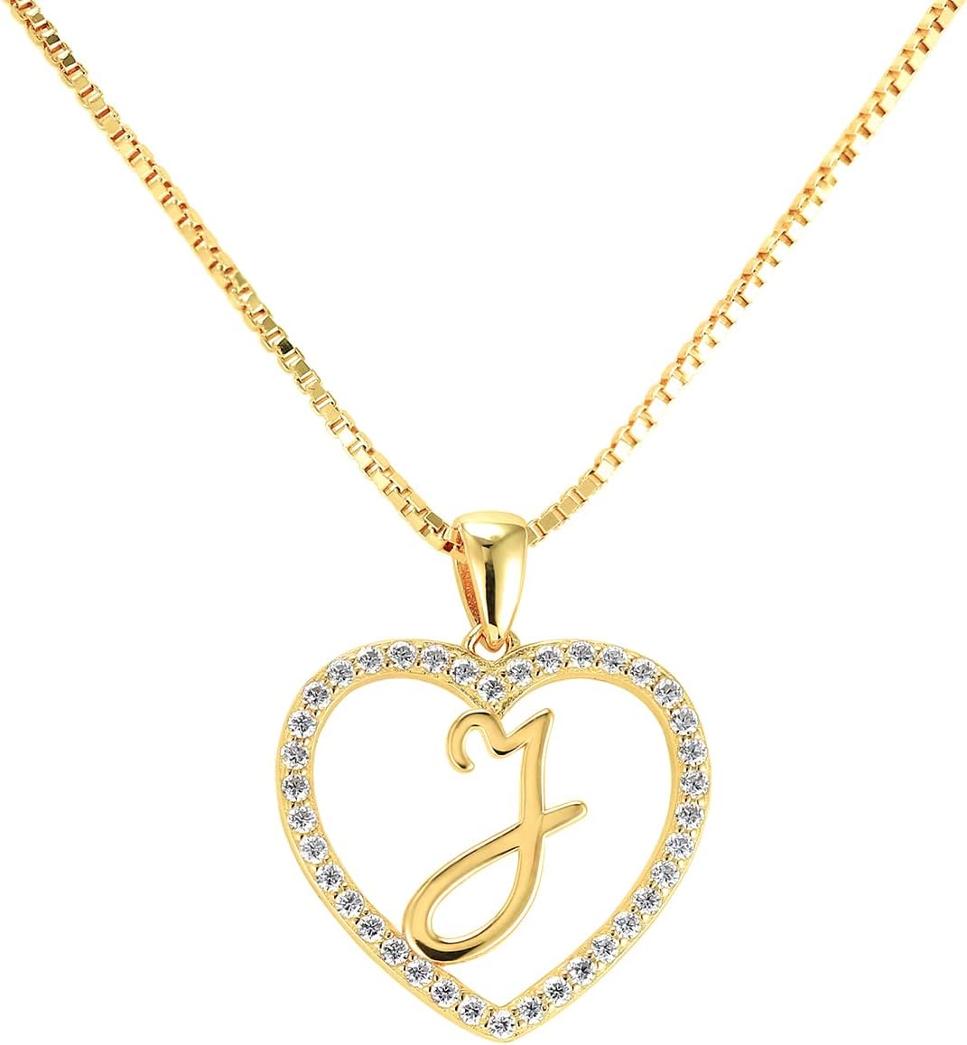 Necklace Letter J in Heart Shape Consisting of Numerous Cubic Zirconia Stones 18 Carat Gold Plated for Women and Teenagers with a High-Quality Jewellery Box and Certificate