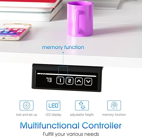 Miniatura 2 de PayLessHere Escritorio de pie de altura ajustable de 55 pulgadas con gran espacio y soporte para auriculares, escritorio de oficina con elevación