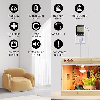 KETOTEK Digital Humidity Controller Plug Humidistat/Thermostat Outlet 230V with Alarm for Humidifier Dehumidifier Reptile Terrariums
