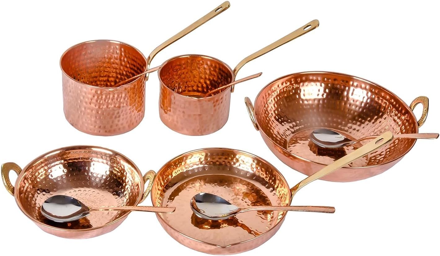 PEAKHILL_Pure Copper Cookware Set 10 Piece Set with Serving Spoon (Copper Sauce Pan Set | Kadhai Set | Fry Pan) with Brass Handle for Cooking