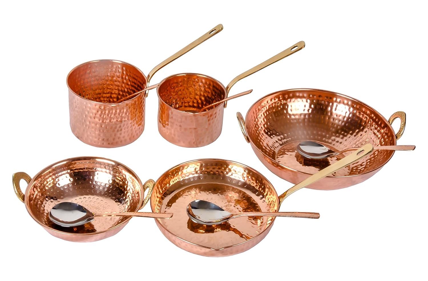 Pure Copper - Juego de utensilios de cocina de 10 piezas con cuchara para servir (juego de sartenes de cobre | Juego Kadhai | Sartén) con mango de latón para cocinar