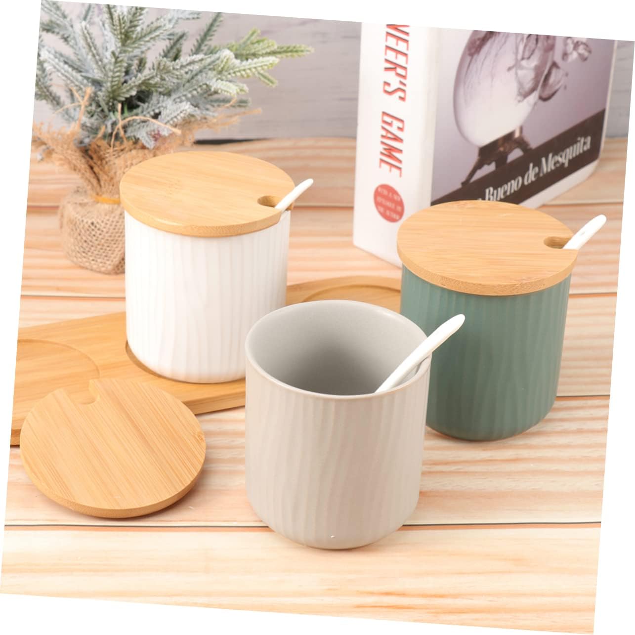 Nordic Style Ceramic Spice Jar Set 3-Piece Kitchen Seasoning Storage Box Airtight Lids for Home Use and Meal Prep