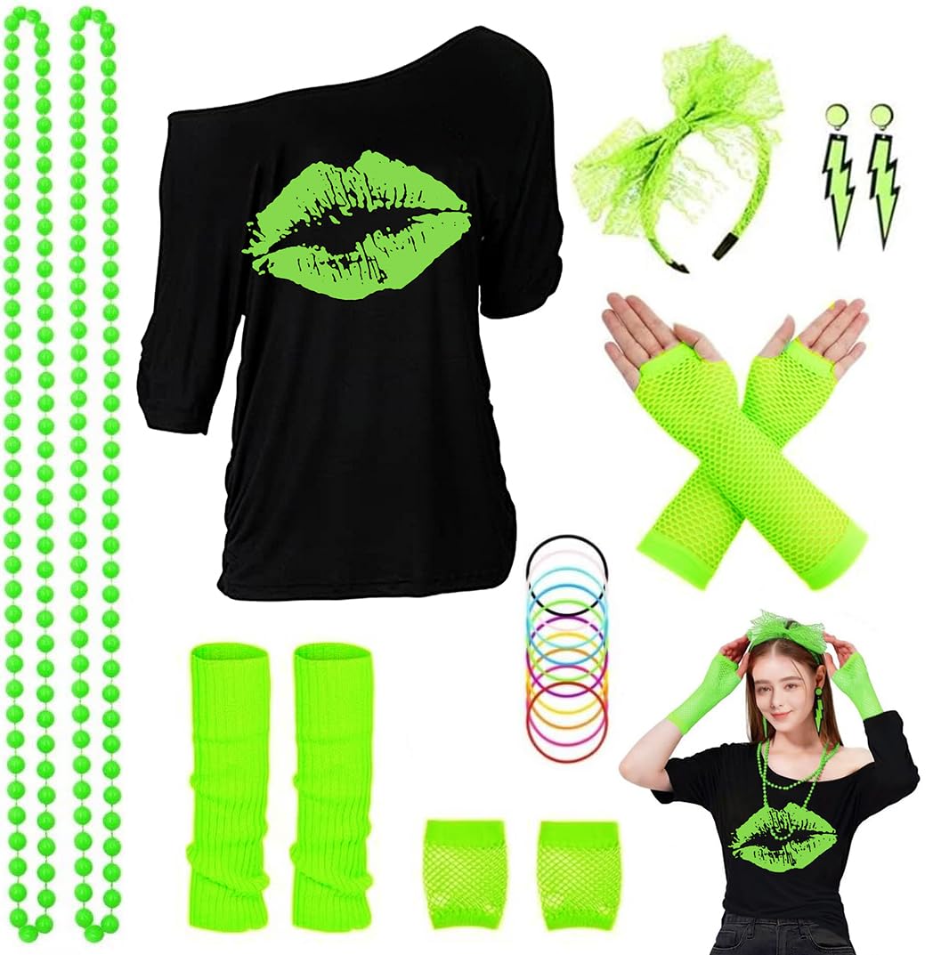 ELFIN 8 Pieces Women 80s Fancy Dress Off Shoulder Tops Lip Print 80s T-Shirt Warmers Fishnet Gloves Necklace Earring 1980s Costumes Outfit Accessories Retro Theme Party Cosplay