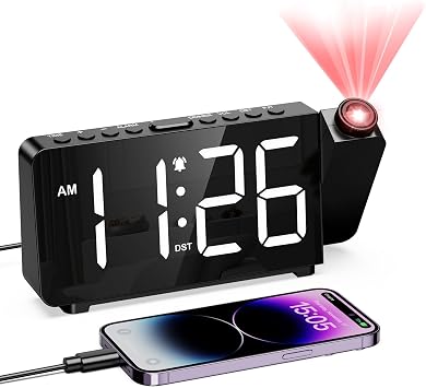 LOFICOPER Projection Alarm Clock for Bedroom, Digital Alarm Clock with 180 Rotatable Projector, 7.4 Large LED Display, Adjustable Brightness & Volume, for Seniors Teens Heavy Sleepers