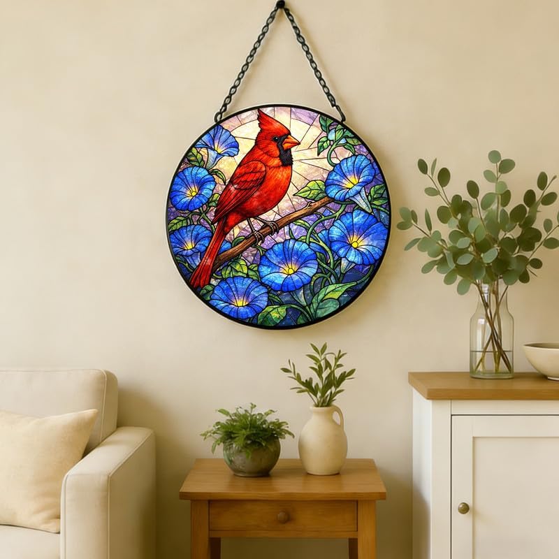 Stained Glass Window Hanging Suncatcher 7.8 in Red Cardinal and Blue Morning Glory Colorful Glass Panel Sun Catcher for Window， Window Hanging Decor for Home， Housewarming Gift