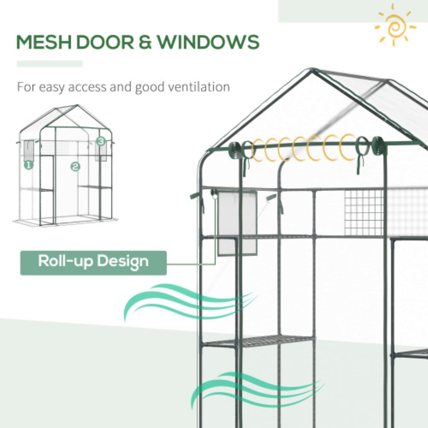 Small Portable Garden Greenhouse, Outdoor Walk-in Mini Greenhouse with Mesh Doors and Windows, with 3 Layers 6 Shelves, Trellises and Plant Labels
