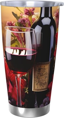 Miniatura 9 de Vaso de acero inoxidable de 20 onzas con aislamiento al vacío para agua y café, taza de café con estampado de flores de vino tinto, taza de viaje de