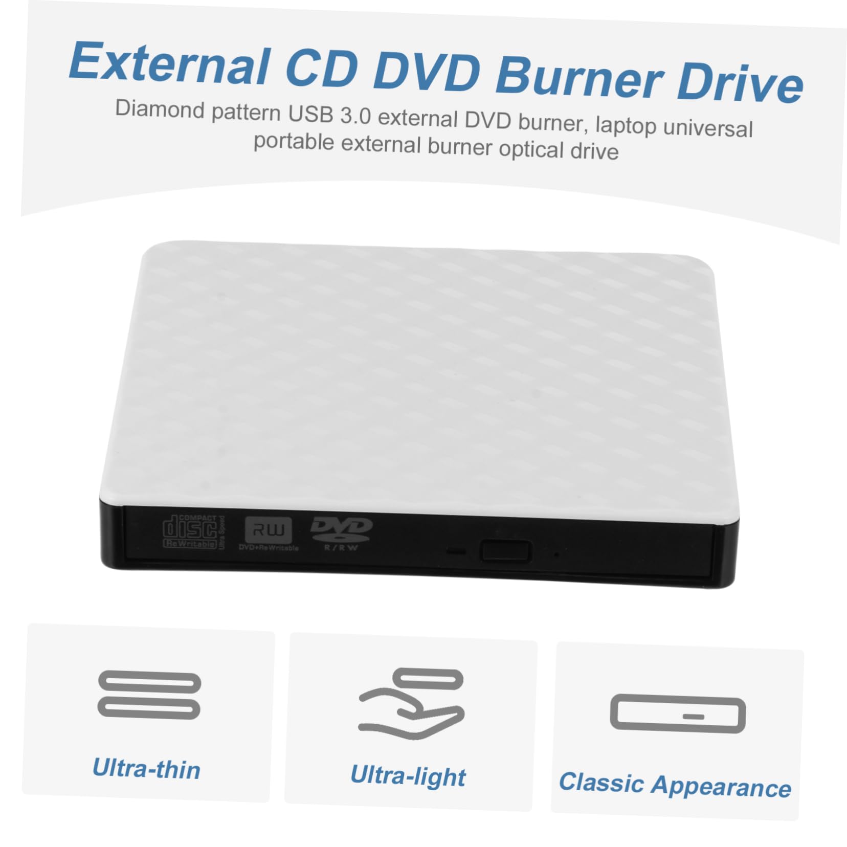Hemobllo Masterizzatore Dvd Esterno USB 3.0 Sottile Bianco Abs | 8x Dvd-rom, 24x Cd-rom e Scrittura Dvd-r/dvd+r/dvd-rw/cd-r, Design Classico