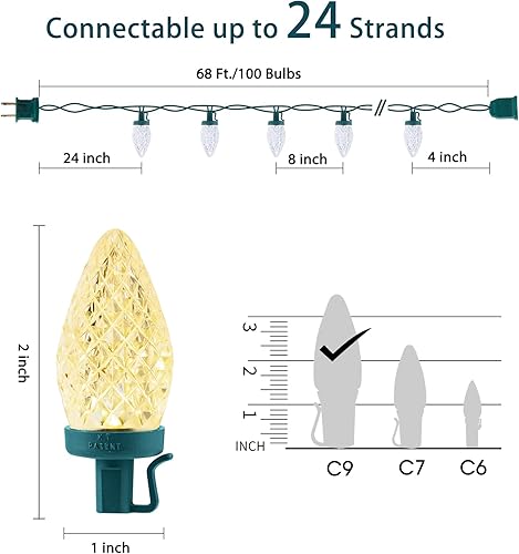 Miniatura 2 de Luces LED C9 de Navidad para exteriores, 66 pies, 100 luces LED de fresa con 100 abrazaderas de resorte, impermeable, grado comercial, extensible,