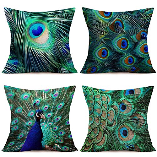 Xihomeli Vintage Animal Peacock Cotton Linen 22X22 Inch Throw Pillow Covers Green Feather Cushion Case Set Of 4 For Outdoor Farmhouse Decorative (4Pc Green Peacock, 22"X22") #TOP18
