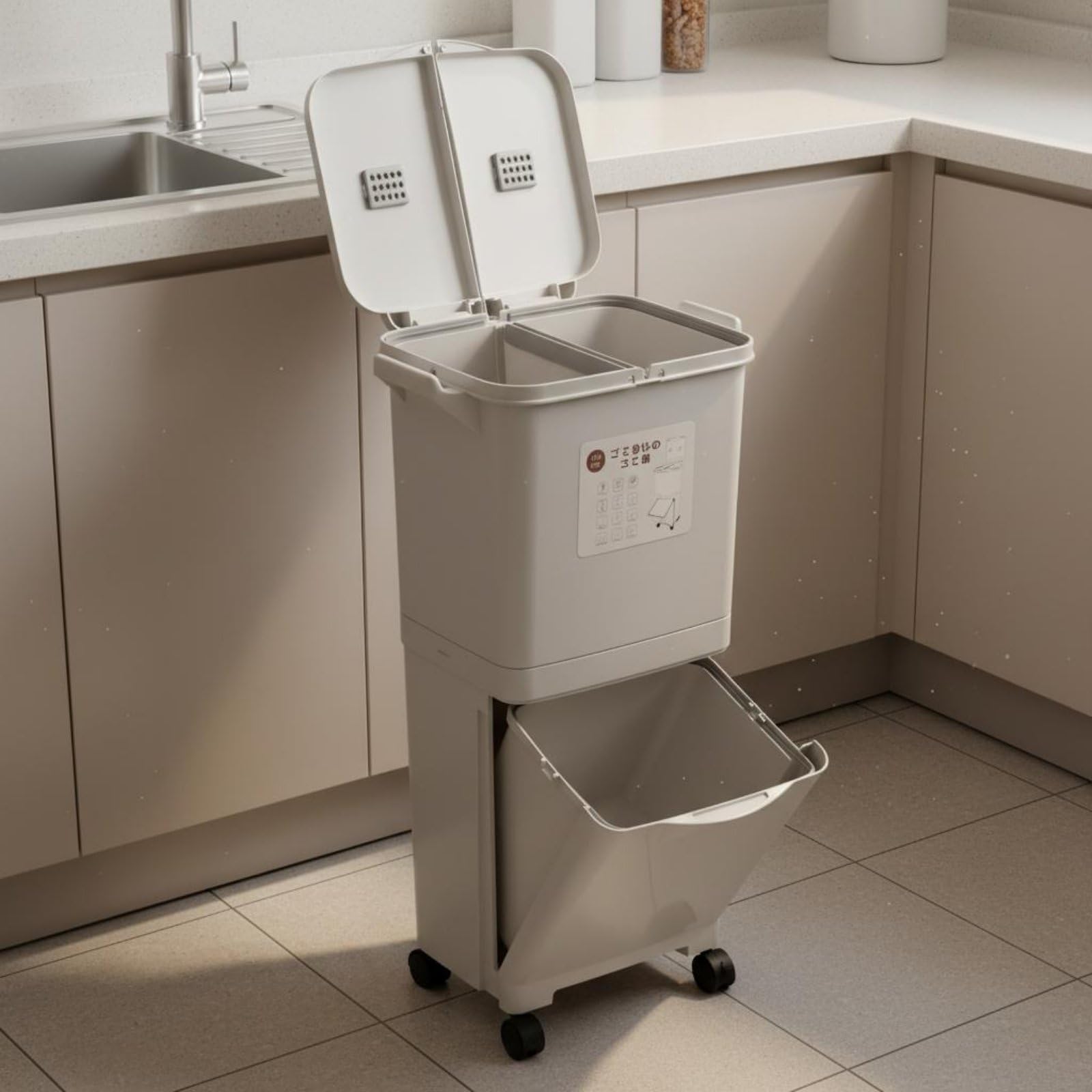 Küchen Abfalleimer Mülleimer Recyclingbehälter mit Platzsparendem Doppelschacht System Sortierung für Recycling Pedalbedienung Universalrollen Deckel, color to 3, Jp D-Behälter S-Deckel