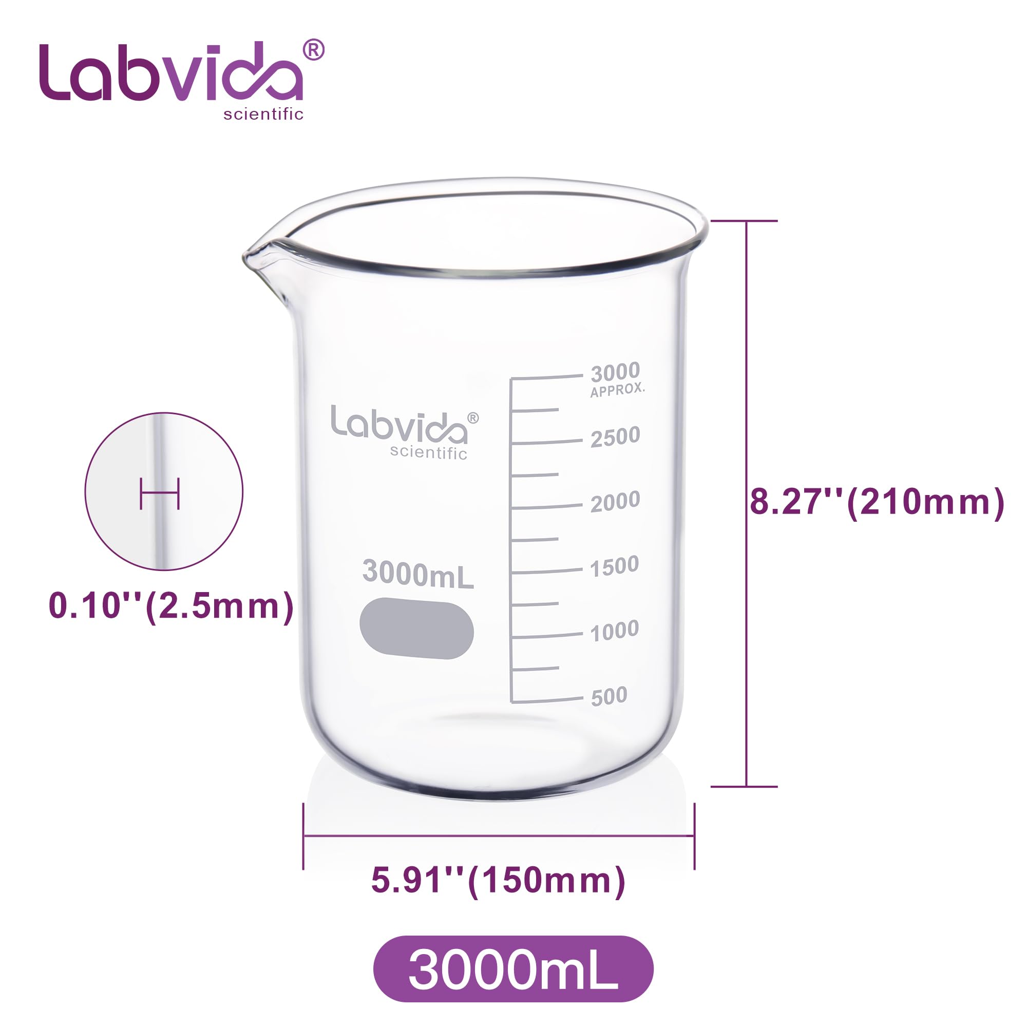 Vaso de vidrio, Vol. 3000 ml, 3.3 Borosilicate Griffin de baja forma con graduación impresa, LVA022