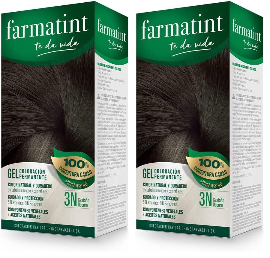 Farmatint Gel 3N Castaño Oscuro, Tinte Vegetal Permanente, Sin Amoníaco, Cobertura Completa de Canas, Cuida y Protege tu Cabello, Unidad de 135ml, El embalaje puede variar (Paquete de 2)
