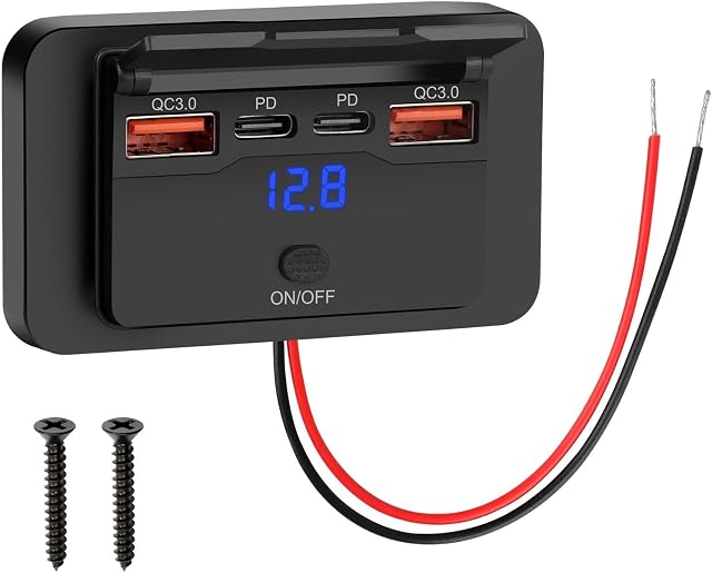 Linkstyle RV USB Sortie, double 18W USB A & Double 30W PD3.0 Panneau de socket de chargeur de voiture PD3.0 avec affichage de tension pour 12V/24V Auto Boat Marine