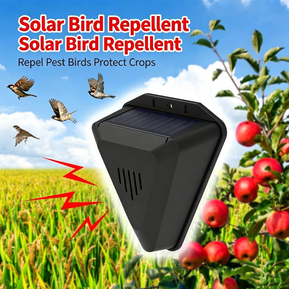 Repellente per uccelli ad energia solare, impermeabile, per esterni, con allarme sonoro, spaventapasseri per uccelli, per respingere volpi, gatti, cani, scoiattoli, per coltivazioni di frutteti in