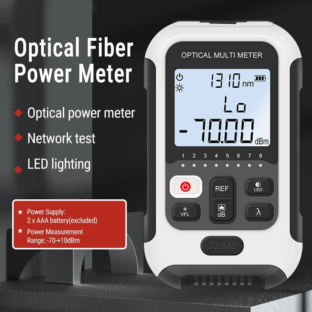 Medidor de Potencia Fibra Optica, -70~10dbm OPM Medidor de Potencia óPtica con Prueba de Red y Luz LED, 850-1625nm 10 Longitudes de Onda Probador de Fibra Óptica Con FC/LC/ST Interfaz