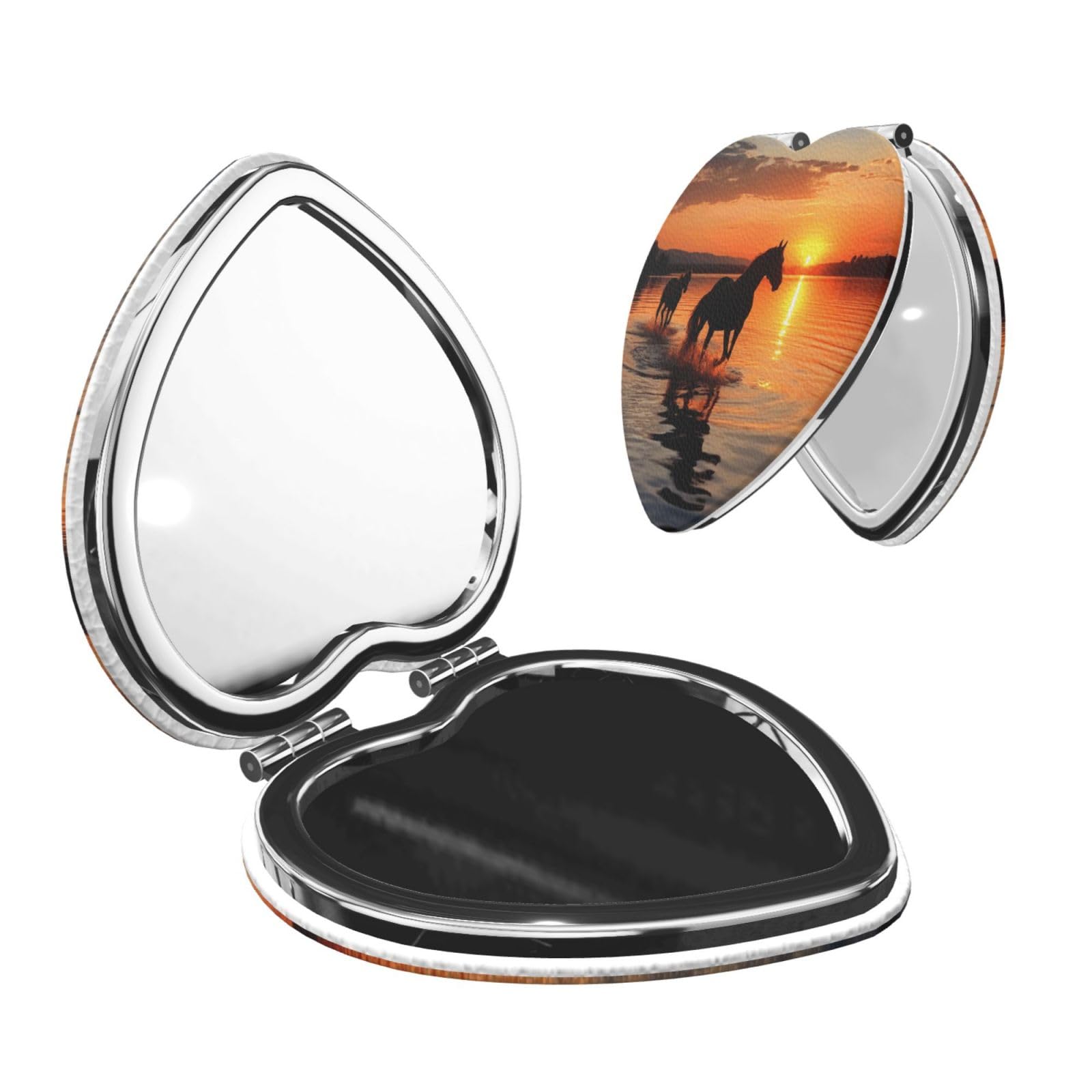 Sunsets Lake Horses Compact Mirrors for Women, Mini Folding Pocket Makeup Mirror with 2 X 1x Magnification Portable Travel Purse Mirror Gift for Birthday Mother's Day Party