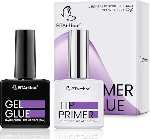BTArtbox Nail Glue & Primer Set - 2 x 0.5 Fl Oz Acrylic French Ballerina Nail Gel, Long Lasting Super Strong 4 in 1 UV Nail Gel for Press On Nails
