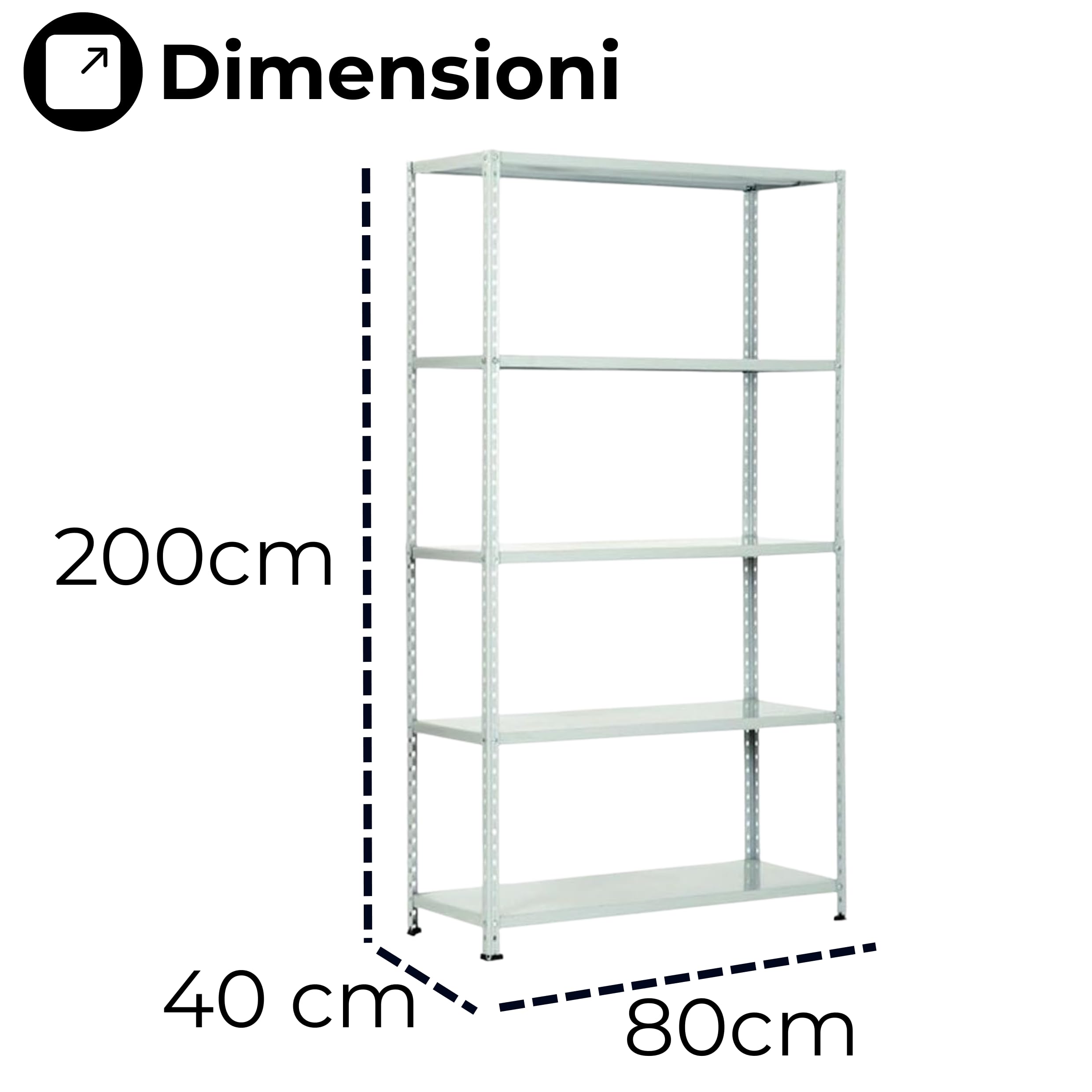 Scaffale in Metallo Lamiera con Ripiani Fornito in kit Carico Pesante Completo Scaffalatura Ideale per Magazzino,Casa,Ufficio,Negozi Cantine Varie Dimensioni (80x40x200 cm)