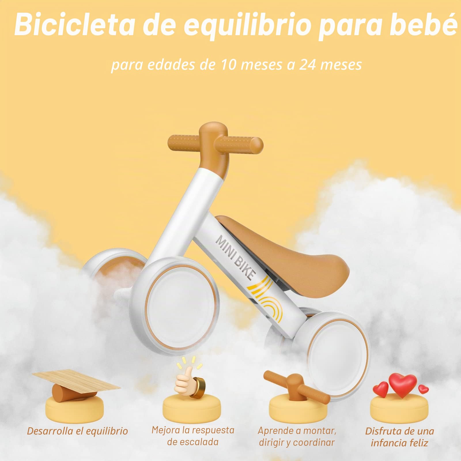 KORIMEFA Bicicleta de Equilibrio para pequeños de 1-2 años, Bicicleta sin Pedales con 4 Ruedas de Juguete para bebés de 10-24 Meses, Primera Bicicleta para niños y niñas como Regalo Cumpleaños